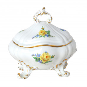 Tureen, Yellow rose and forget-me-nots, gold rim, 13 x 11cm