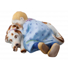 Child sleeping on dog, Coloured, with gold