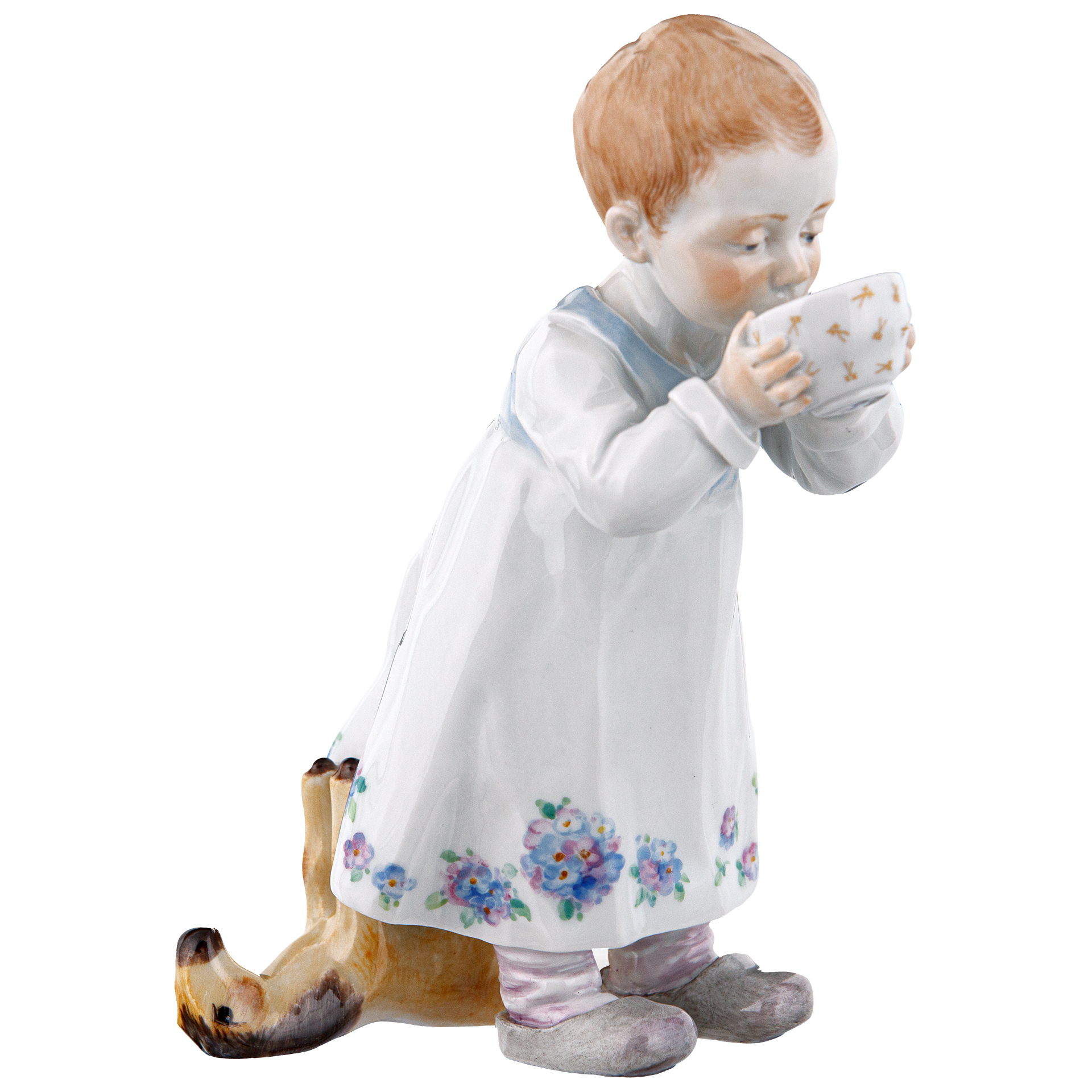 Hentschel child miniature, Child with cup,  Dress with Forget me not, cup with swords, H 12,5 cm