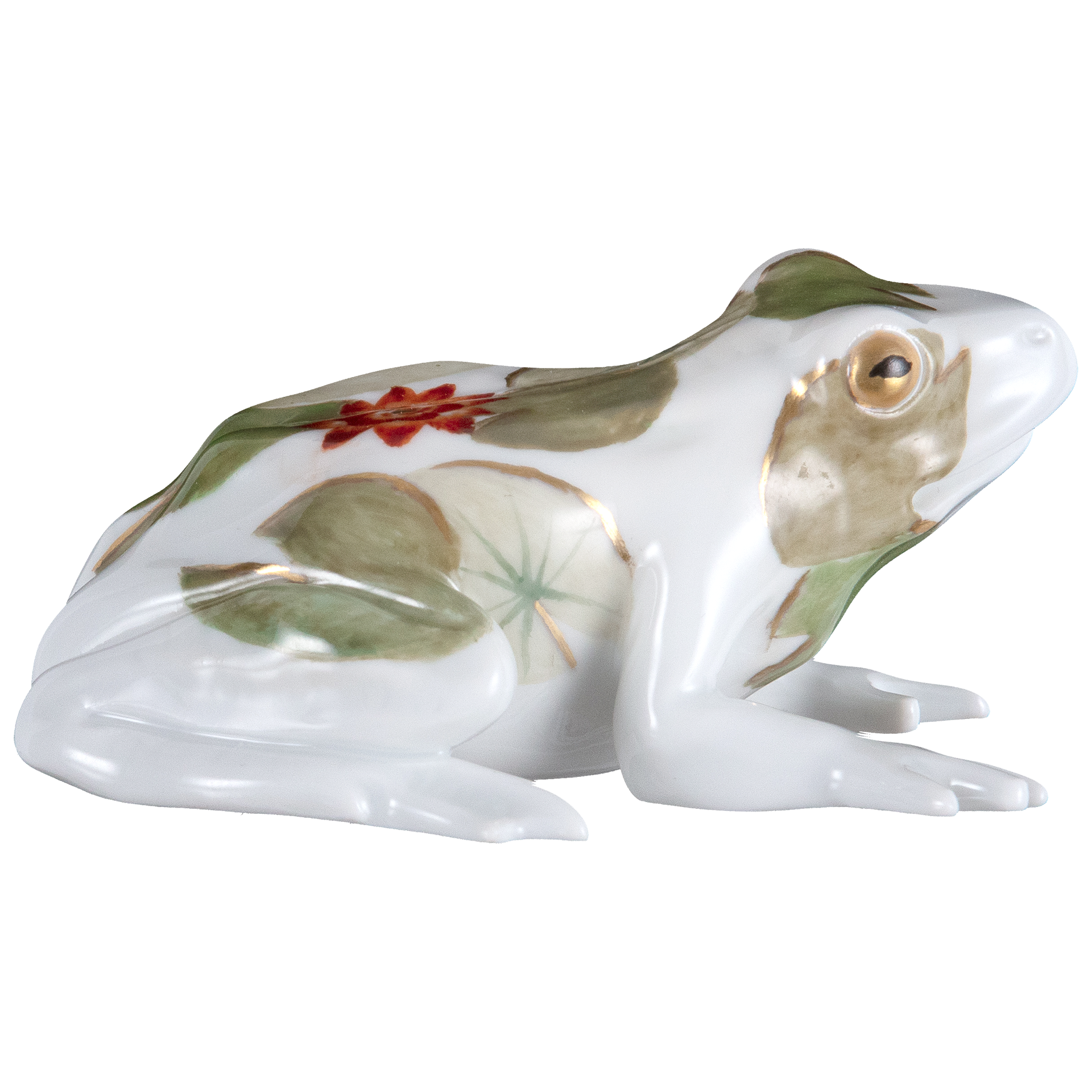 SINGLE FIGURINE FROG, LEAVES OF WATER LILIES