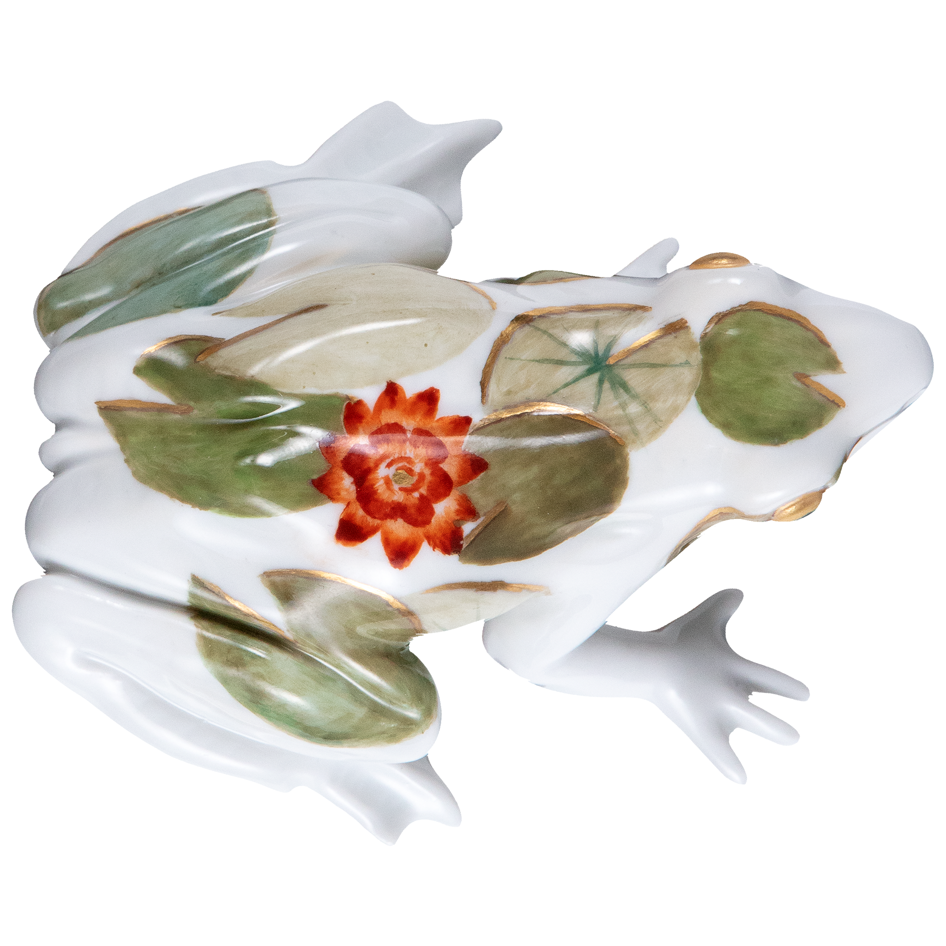 SINGLE FIGURINE FROG, LEAVES OF WATER LILIES